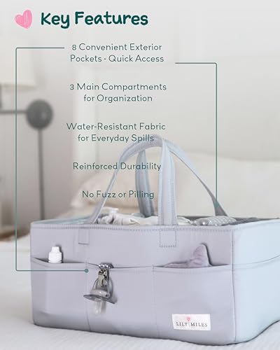 Image of Lily Miles Diaper Caddy Organizer with 8 Pockets, Wipeable Baby Caddy Basket for Diapers and Wipes, Baby Registry Favorites, Nursery Tote Bag for Changing Table or Car (Heather Grey, Large)