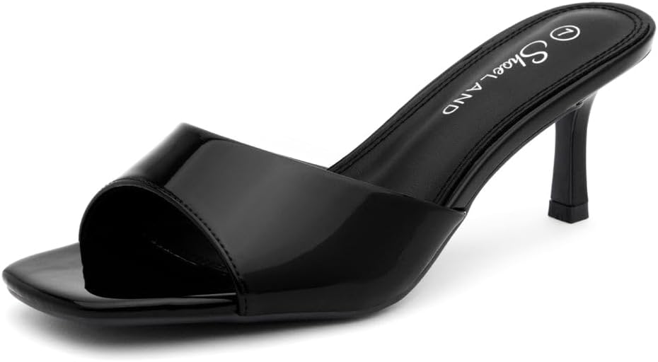 Shoe Land Deverena Women's Low Heels Stiletto Heeled Slides, Open Toe One Band Slip-On Heeled Mules – Dressy Heeled Sandals for Prom, Party, Wedding, and Vacation, 2401BlackPT, Size 7.0, Deverena
