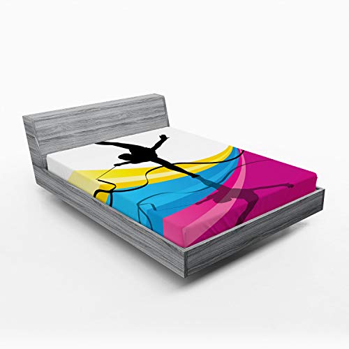 Ambesonne Gymnastics Fitted Sheet, Teenager Silhouette Ribbon Dancing on an Abstract Stripes Background, Soft Decorative Fabric Bedding All-Round Elastic Pocket, Full Size, Pink Blue