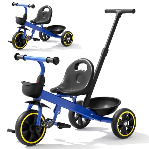 SKIRFY 2-in-1 Kids Tricycle- Extended Push Handle for Effortless Push, Gift Trike for Kids 3 to 5 Year, Kids Tricycle with Foldable Front Footrest, Blue