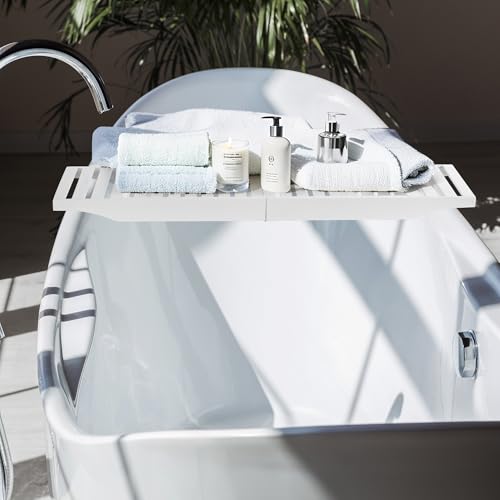 Vencier Foldable Bamboo Bath Tub Rack – Adjustable Bathroom Shelf, Tidy Tray & Storage Caddy Organiser for Relaxing Spa Bath (White)