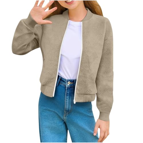 Full Zip Jackets for Girls Bomber Jacket Textured Lightweight Jackets Casual Stand Collar Coat Fall Crop Outerwear