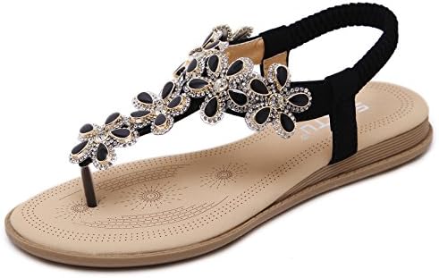 Women's Glitter Sandals, Bohemian Summer T-Strap Flat Thongs, Mysterious Black Floral Rhinestone Jewelry Gem, Open Toe Herringbone Comfy T Strap Shoes Dressy Casual Jeans Daily Wear Beach Holiday, 6