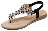 Women's Glitter Sandals, Bohemian Summer T-Strap Flat Thongs, Mysterious Black Floral Rhinestone Jew