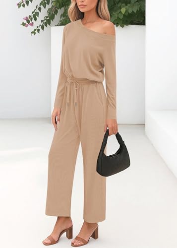Lazysmile Jumpsuits For Women Dressy Long Sleeve Off Shoulder One Piece Wide Legs Rompers - image 4