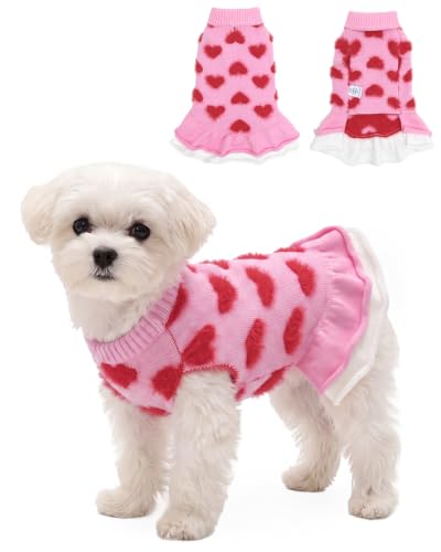 CuteBone Fancy Pink Heart Ruffle Dog Sweater Dress for Medium Dogs