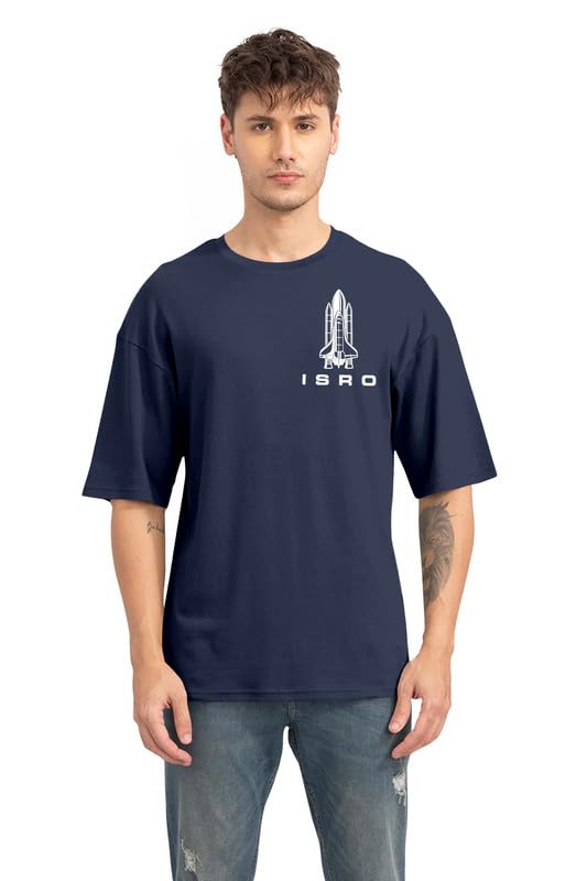 RITCHER ISRO Black Oversized Cotton T-Shirts with Graphic Back Print Baggy Fit with Casual Crew Neck and Drop Shoulder Regular Tshirts for Men