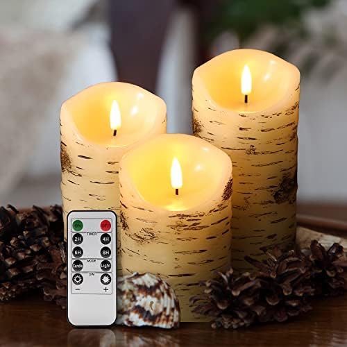 Eywamage Birch Bark Flameless Pillar Candles with Remote Set of 3