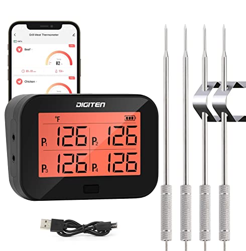 DIGITEN Bluetooth Grillthermometer Kabellos Fleisch- und Lebensmittelthermometer mit 4 Sonden BBQ-Smoker Thermometer Sofort Ablesbar Wiederaufladbar