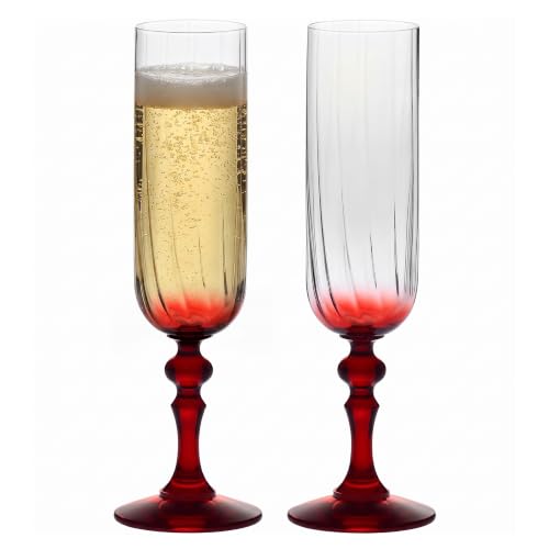 KROSNO Champagne Flutes with Red Stem Set of 2, 6.8 oz, Bubble