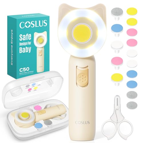 COSLUS Baby Nail File, Baby Nail Trimmer Electric, Baby Nail Clipper - Gentle, Quiet with 360° Light, Safe for Sleep Time Grinding, 16-in-1 Kit for Newborn, Infant & Toddler (C50, Lemon Yellow)