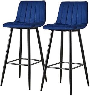 OFCASA Bar Stools Set of 2 Velvet Upholstered Bar Stools with Vertical Striped Backrest Island Counter Chairs for Home Kitchen Bar, Blue 65cm Height