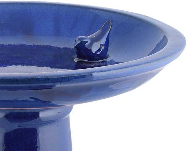Esschert Design Ceramic Bird Bath and Pedestal, Cobalt Blue