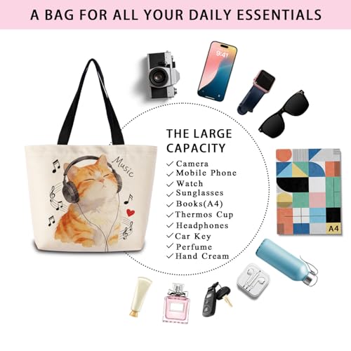 Bolso tote con diseño de auriculares y gato, bolso de hombro ligero y lavable, regalo estético para mujeres y amigas miniatura 7