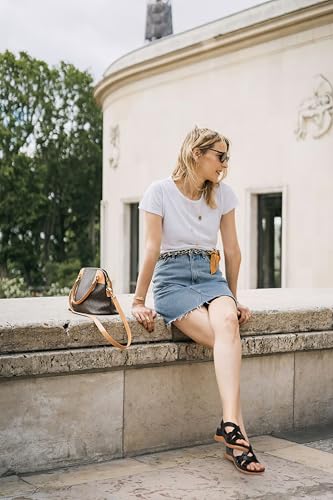 TEMOFON Flat Women Sandals Wide: Black Brown White Leather Summer Sandal - Rubber Sole - Dressy Comfortable Walking Sandal Size 5-113