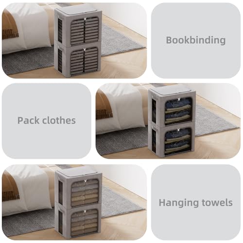 Image of FHSQX 2 Pack Clothes Storage Bins, Light Gray, 16.5x12.2x12.2 Inch | Portable, Large Clear Window, Stackable, Durable Handles, Foldable