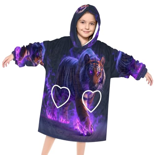 Wearable Blanket Hoodie for Kids, Roaring Tiger Fleece Sweatshirt Blanket Oversized Blanket Sweatshirt with Pocket Flannel Warm Hooded Blanket 6-10 Year Old Girl Boy Gift, One Size