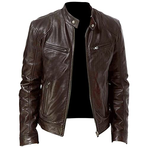 Maiyifu-GJ Men's Faux Leather Biker Jacket Vintage Motorcycle Jacket Outerwear Retro Stand Collar PU Leather Slim Fit Coat (Brown,5X-Large)