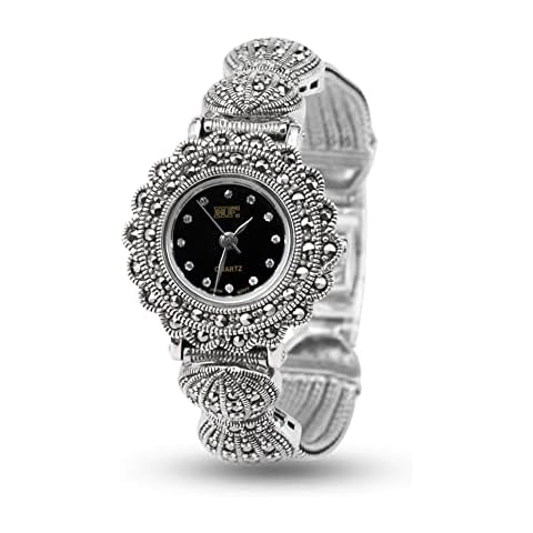 JadeAngel Ladies Women 925 Sterling Silver Bracelet with Marcasite 925 Silver Vintage Wristwatch Cover