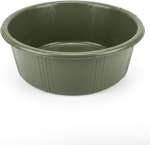 Round Plastic Wash Basin in Olive Green, with Ribbed Side Detail and Grip Handles