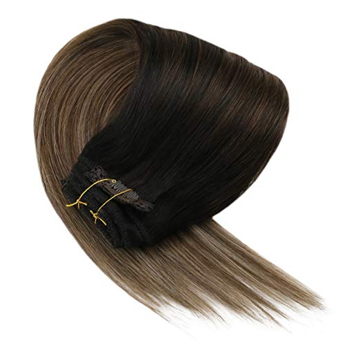 Clip in Hair Extensions 14 inch Balayage Human Hair Black Mixed Brown and Ash Blonde Double Weft Real Hair Clip in Extensions Thick End 7pcs/120 gram