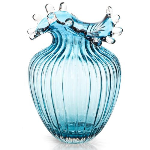 ZAVOOS Hand Blown Glass Vase, Modern Art Decorative Blue Vase