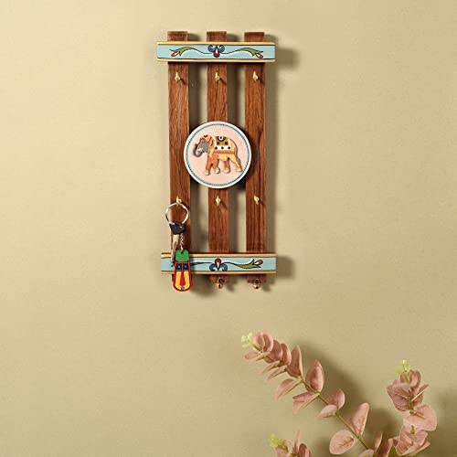 Image of AAKRITI ART CREATIONS Key Holder, Happy Elephants Stripped Key Hangers | Rustic Teak Wood Wall Organizer with 6 Hooks | New Home Gifts | Multifunctional Entryway Decor Item