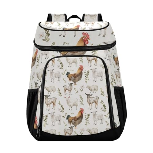 Rooster Sheep Farm Animal Cooler Backpack Cooler Insulated Leak Proof Lunch Backpack 36 Cans Waterproof Soft for Men Women Picnic Hiking Camping Beach