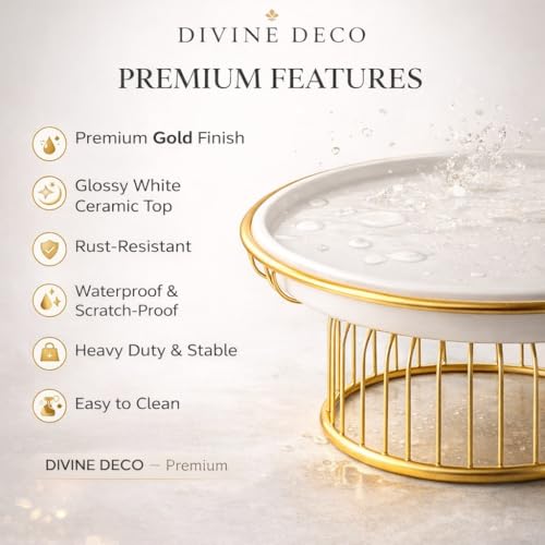 Image of Premium Metal Cake Stand with White Tray & Gold Finish Base | Elegant Dessert Stand for Cakes, Cupcakes, Pastries & Fruits | Decorative Serving Platter for Home, Parties & Gifting