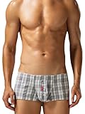 FEOYA Men's Checkered Boxer Briefs with Button Fly Fashion Plaid Printed Underwear Comfortable Low Rise Underpants Grey L