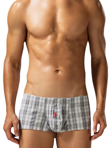 FEOYA Men's Checkered Boxer Briefs with Button Fly Fashion Plaid Printed Underwear Comfortable Low Rise Underpants Grey L
