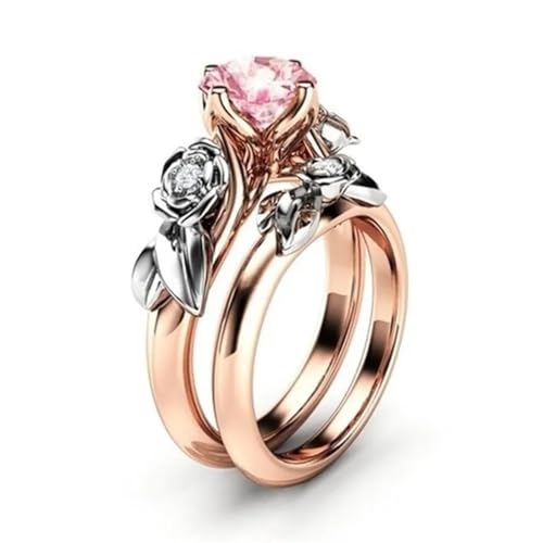 Bague en zircon étincelant style fleur rose pour couple 2PCS