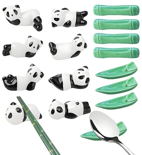 HOLLIHI 16 Pack Cute Chopsticks Rests Set, Chinese Paint Brush Holder, Japanese Style Ceramic Panda Bamboo Leaf Fine Porcelain Spoon Fork Knife Stands Rack for Dinner Tableware, Home Kitchen Gift