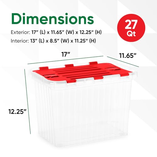 Image of Superio Red Storage Box with Red Hinged Lids, Plastic Container Bins for Organizing with Attached Lid, Stackable Crates, BPA Free, Organizers for Home and Office, 27.5 Quart (17 inchx11.65 inchx12.25)