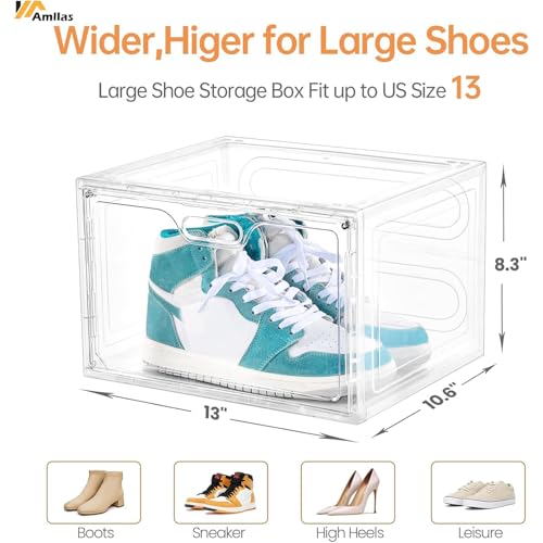 Image of Amllas 8 Pack Shoe Boxes Clear Plastic Stackable, Large Shoe Storage Organizer with Lids,Drop Side Shoe Containers for Entryway,Sneaker Storage Fit up to US Size 13 (13''x 10.6 inchx 8.3 inch)