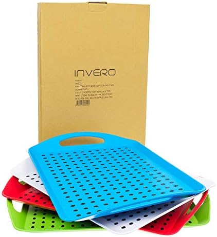 Invero Set of 4 Anti-Slip Top and Bottom Plastic Serving Dish Tray with Grip Rubber Surface, Non-Slip Padded Base and Handles ideal for Kitchens and Homes - (46 x 31cm)