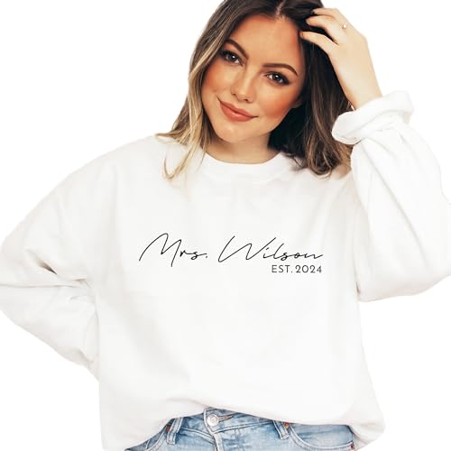 Custom Mrs Est Sweatshirt - Cute Honeymoon Last Name Pajamas - New Future Mrs. Wedding Gift - Unisex Long Sleeve Crewneck Sweatshirt Sand2
