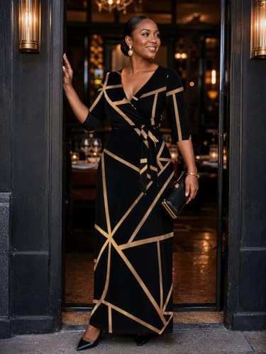 Image of PinkPatty Plus Size Maxi Dresses for Women Casual Flowy Long Dress 3 /4 Sleeve V Neck Wrap Dress with Belt