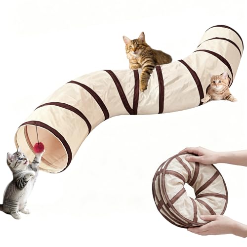 AMSGANK Katzentunnel S-förmig mit Spielzeugball, Faltbarer Katzenspielzeug Selbstbeschäftigung Katzentunnel Katzenhöhle für Katzen, Kaninchen, Meerschweinchen, Frettchen (123 x 25cm)