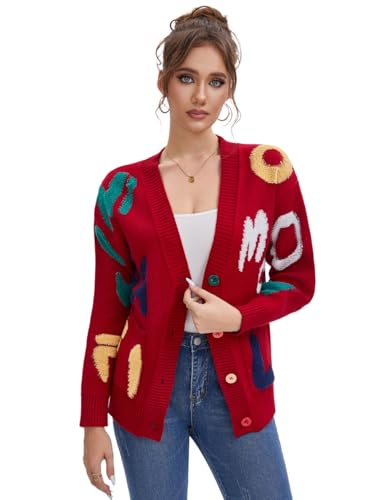 Women's Sheep Embroidered Sweater V-Neck Cardigan – Cable Knit Open Front Coat with Rainbow Buttons Sweater Coat Outwear2