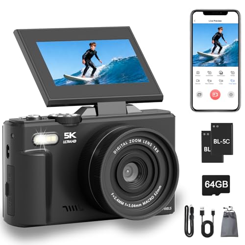 Appareil photo numérique 5K, appareil photo reflex numérique WiFi 75 MP avec écran rabattable à 180° LCD 3