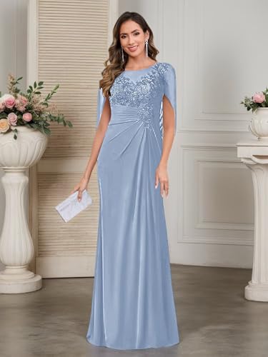 PAVERJER Lace Appliques Mother of The Bride Dresses for Women with Cape Sleeves Chiffon Mermaid Ruched Formal Gowns2
