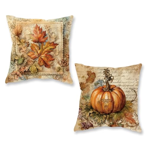 ONWAY Fall Throw Pillow Covers 18x18 Inch Set of 2, Vintage Pumpkin and Maple Leaves Autumn Decorative Lumbar Cushion Cases for Couch Sofa Bed Farmhouse Thanksgiving Seasonal Home Decor