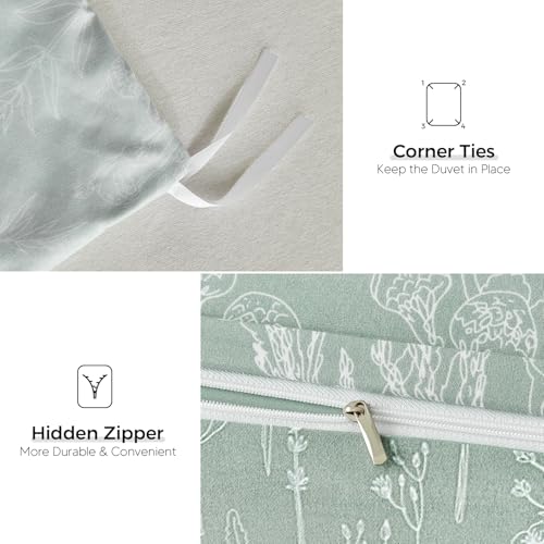 Image of Lekesky Duvet Cover Queen Size with Fitted Sheet - 4 Pieces Printed Soft Bedding Set, Includes 1 Duvet Cover 90x90 Inches with Zipper Closure & 8 Ties, 2 Pillow Cases, 1 Fitted Sheet, Sage Green