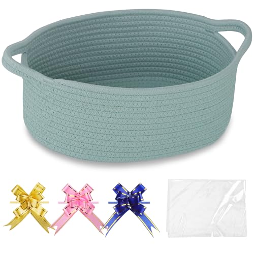 COMSE Small Woven Basket with Gift Bags and Ribbons, Gift Basket Empty, Nursery Organisers Storage for Baby Toy, Cotton Rope, 30.5 x 20 x 13 CM, Light Green