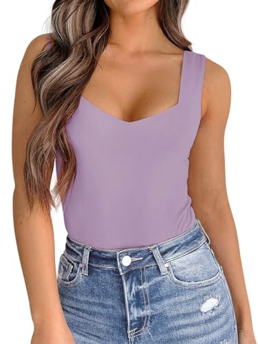 PINKMSTYLE Womens Basic Fitted V Neck Tank Tops Double Lined Summer Tops Cute Sleeveless Shirts Violet Large — view 3