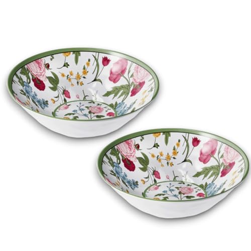 Generico Set di 2 Ciotole in Melamina, 26 cm di Diametro, Design Floreale con Bordo Verde, Resistenti e Leggere, Ideali per Insalate, Zuppe e Cereali