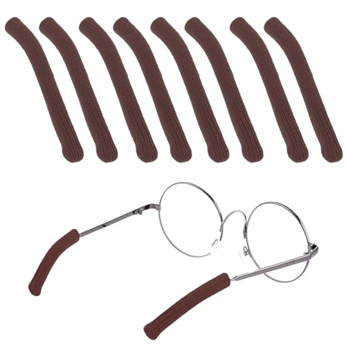 GIKPAX 8 Pcs Eyeglass Ear Cushions, Soft Knitted Glasses Ear Cushions Anti Slip Glasses Arm Covers Cotton Eyeglass Temple Tips Behind The Ear Glasses Arm Sleeve for Glasses Sunglasses (Brown)