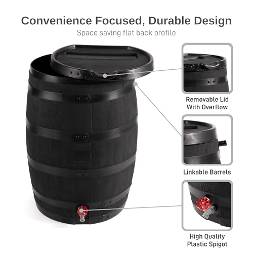 RTS Home Accents Premium 55-Gallon Eco Rain Barrel with Removable Lid, Flat Back Rain Water Collection Barrel, Made with 100% Recycled Plastic, Stand Included, Black