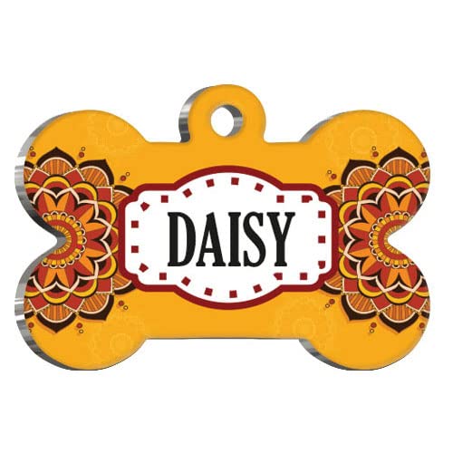 Mandala Orange Personalized Dog Tag - Custom Name Tag - ID Tag for Dog & Cat - Customized Pet Tags - Dog Name Tag - Cat Name Tag - Engraved Dog Tag (Heart)
